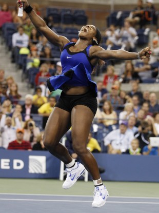 Serena Williams celebrates her win over Caroline Wozniaki.
