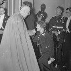 Mrs Sineád de Valera greets Irish-born Papal Nuncio at the State reception held that night in St Patrick's Hall, Dublin Castle.