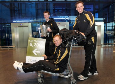 Kilkenny's Tommy Walsh, Michael Rice and Brian Hogan at Dublin airport this morning.