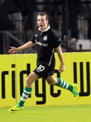 Sheppard celebrates scoring against PAOK Salonika in October