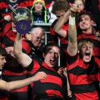 Kilkenny's Shane Delahunt lifts the cup after their win over Castleknock College in the Leinster Schools Senior League Final at Donnybrook.