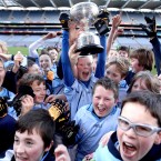 Johnstown's BNS captain Dylan Rowe lifts the trophy at the Allianz Cumann na mBunscoil Finals in Croke Park on Wednesday.