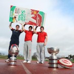 Munster players Tommy O'Donnell, Conor Murray and Mike Sherry with the Munster Senior Schools Cup at the University Limerick.