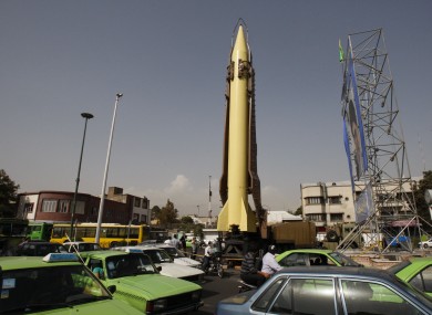 A Shahab-3 ballistic missile which is displayed by the Iranian Revolutionary Guard in Tehran