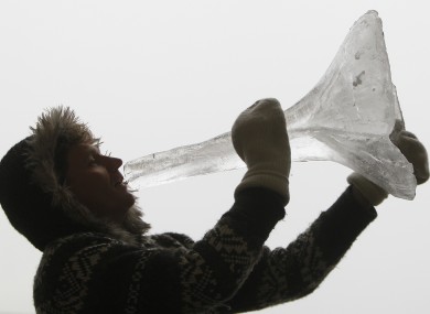 Terje Isungset, of Norway plays an Ice horn during a media pre-view for his concerts in London, Thursday, Jan. 6, 2011