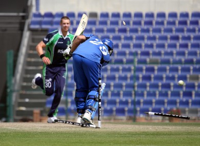 Boyd Rankin in action against Italy earlier in the week. The Derry native took four wickets for nine runs against the USA this morning.