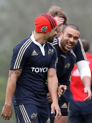 The outgoing Lifeimi Mafi shares a joke with Simon Zebo.