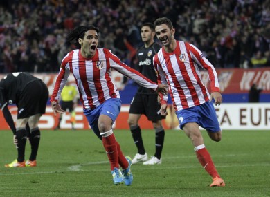 Radamel Falcao wheels away in celebration after his goal