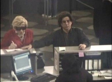 A still from footage prosecutors say shows Thomas Parkin, 49, (left) dressed as his mother.