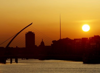 The sun sets over the river Liffey in Dublin