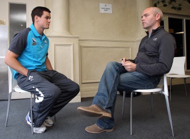 Jonathan Sexton awaits an award-worthy question from Patrick McCarry at last year's Rugby World Cup.