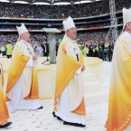 Archbishop of Dublin Diarmuid Martin, followed by Cardinal Sean Brady, joins the procession at the beginning of the last mass. Photo: Laura Hutton/Photocall Ireland