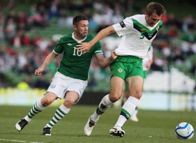Republic of Ireland's Robbie Keane and Gareth McAuley of Northern Ireland, Carling Nations Cup, 24 May 2011