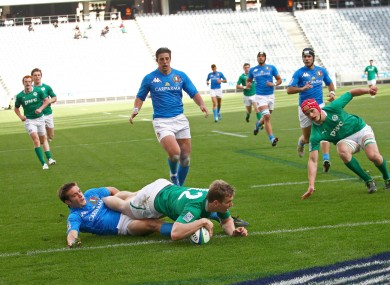 Chris Farrell goes over for a try.