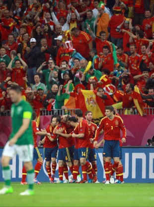 Spain's Fernando Toress celebrates scoring.