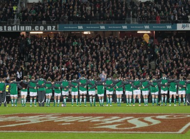 Ireland rugby team lines up for the anthems in Hamilton.