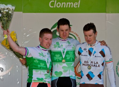 Brammeier (centre) with runner-up Nicolas Roche (right) and third-placed Philip Lavery.