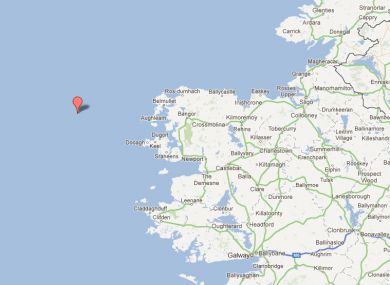The red marker shows the estimated epicentre of this morning's quake off Co Mayo.