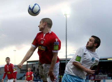 Glenn Cronin, left, and Tiernan Mulvenna compete during the last meeting between Shelbourne and Drogheda United.