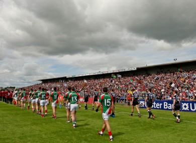 The Mayo and Sligo players walk out at Dr Hyde Park.
