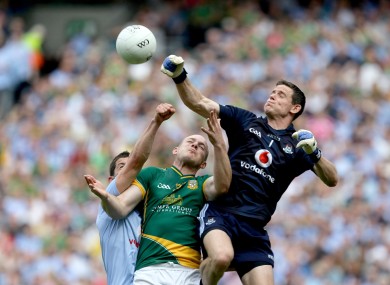 Dublin's Stephen Cluxton and Rory O'Carroll battle with Meath's Joe Sheridan for possession in today's Leinster football final.