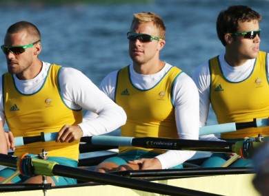 Australia's Joshua Booth, centre, with teammates Matthew Ryan, left and Thomas Swann.