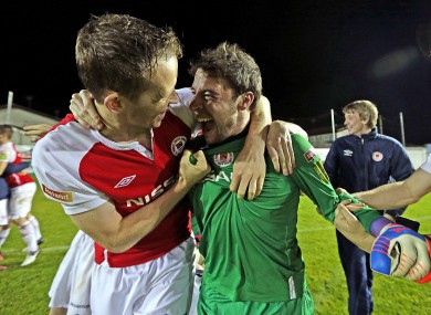 Aidan Price celebrates with St Pat's goalkeeper Barry Murphy, who saved three penalties in last night's FAI Cup quarter-final shootout win over Drogheda.