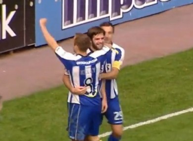 Sheridan celebrates his third goal.