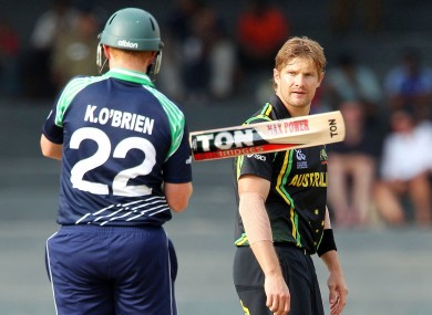Australia's Shane Watson reacts after bowling to Kevin O'Brien of Ireland.