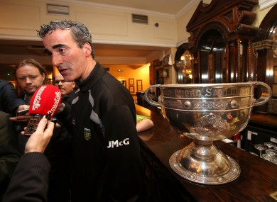 Donegal boss Jim McGuinness speaking to the media in the Burlington Hotel yesterday morning.