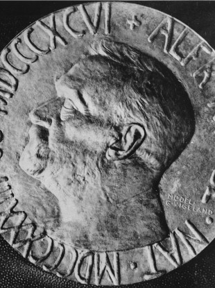 Photo of the Nobel Peace Medal taken on December 3, 1957.