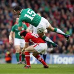 RBS Six Nations Championship, Aviva Stadium, Dublin 5/2/2012
Ireland vs Wales
Ireland's Rob Kearney takes the ball in the air as he falls over Leigh Halfpenny of Wales
Mandatory Credit ©INPHO/Dan Sheridan *** Local Caption ***