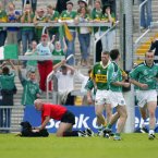Leave it to me lads. Referee Gerry Kinneavy gets his hands on the intruder as Tomás Ó Sé (Kerry) and Stephen Lavin (Limerick) are amongst those looking on.