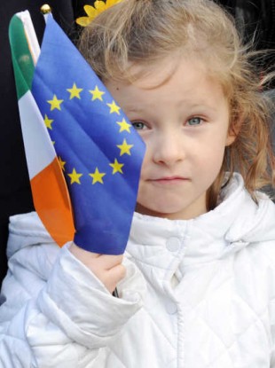 Ruby Nealon, 4, attending a ceremony at Dublin Castle yesterday to mark Ireland's EU presidency, and the 40th anniversary of Ireland joining the EEC.