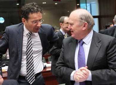 Michael Noonan attends this morning's meeting of EU finance ministers alongside his Dutch counterpart, and Eurogroup president, Jeroen Dijsselbloem.