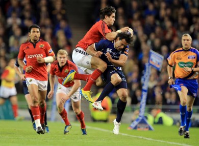 Conor Murray and Isa Nacewa tangle at Lansdowne Road.