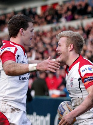 Let's hug it out: Craig Gilroy and Stuart Olding.