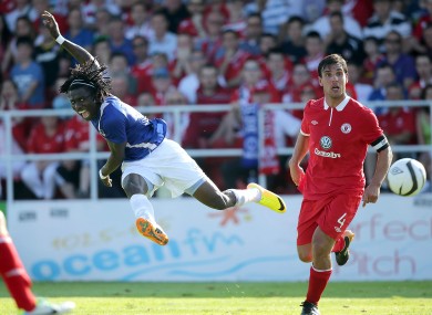 Sligo's Gavin Peers can only watch as Daniel Chima Chukwu of Molde hits the back of the net.