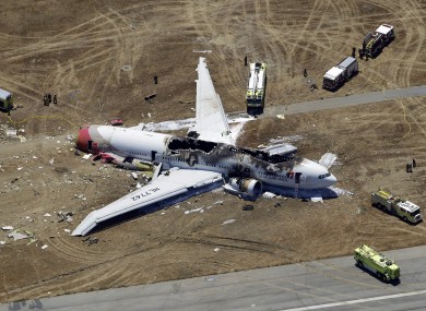 Aerial photo of the wreckage of Asiana Flight 214 lies on the ground after it crashed at the San Francisco International Airport, in San Francisco.