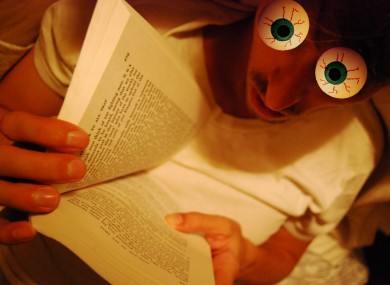 This man's eyes are clearly very tired from reading all night, but he'll be okay.