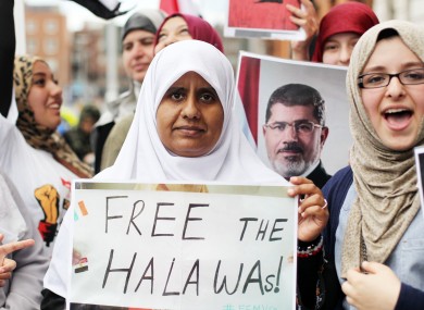 The Halawa siblings' sister Nosaybe joins a protest at the Egyptian Embassy in Dublin calling for release of her siblings from custody earlier this week