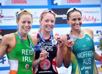 Aileen Reid with gold medallist Non Stanford and bronze medallist Emma Moffatt.