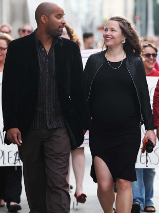 Aja Teehan, right, with her husband Charles Brand, left, outside the High Court last month.