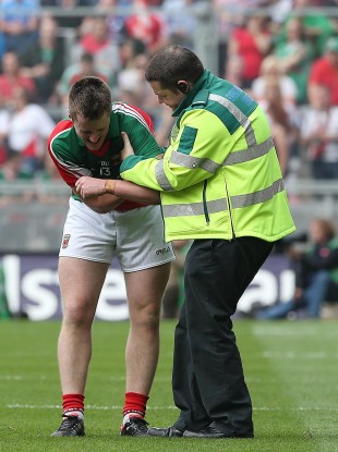 Cillian O'Connor suffers an injury against Tyrone last month.