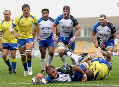 Connacht's George Naoupu scores his sides opening try despite Matias Aguero of Zebre.