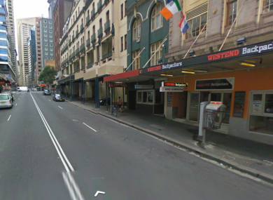 The hostel, complete with Irish flag, on Pitt Street, Haymarket in Sydney